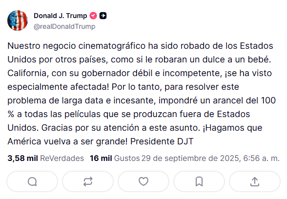 Trump impone un arancel del 100 % a todas las películas extranjeras
