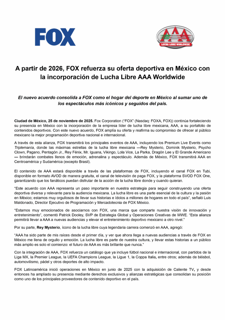 FOX transmitirá los eventos de Lucha Libre AAA en 2026